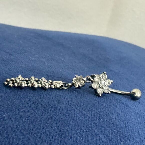 Stainless Steel Silver CZ Cubic Zirconia Dangle Bead Vintage Belly Ring Piercing - Picture 4 of 6